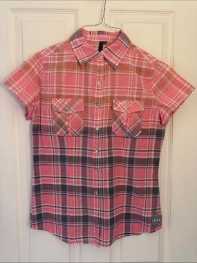 Jeep Pink Plaid Short-Sleeve Button-Down Shirt with Chest Pockets M